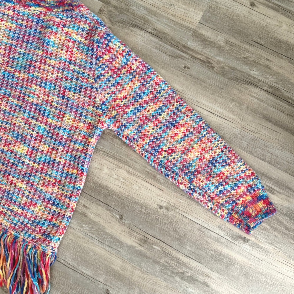 NWOT Akira Women's Rainbow Chunky Knit Fringe Cardigan Gold Button Multicolor L‎ - Picture 12 of 13